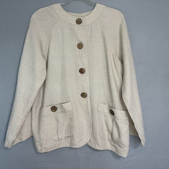Neiman Marcus Womens Linen Jacket Wood Buttons Size M Lagenlook Minimalist VTG - Picture 1 of 6